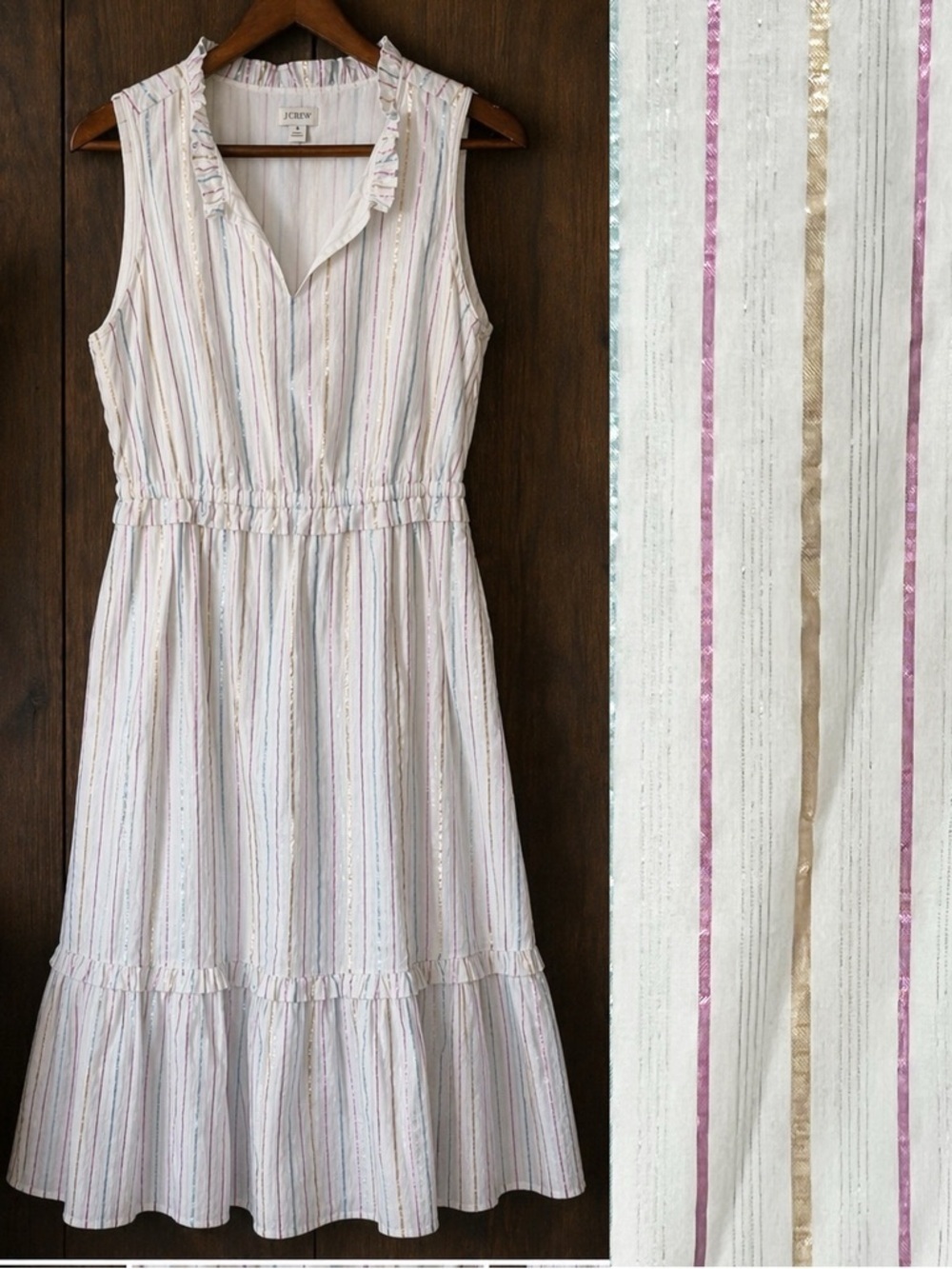 J.Crew Tiered Cotton Summer Midi Dress Multicolor Metallic Striped 8